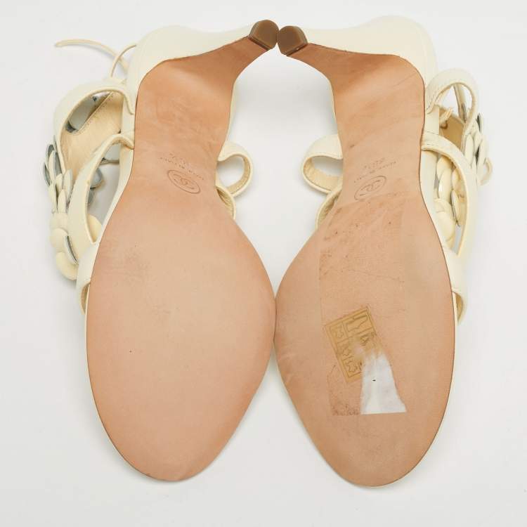 Pre Owned Chanel Cream Leather and Patent Leather Camellia Ankle Tie Sandals Size 36.5
