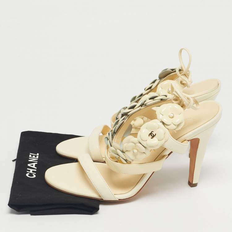 Pre Owned Chanel Cream Leather and Patent Leather Camellia Ankle Tie Sandals Size 36.5