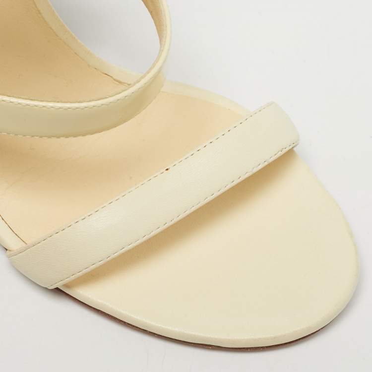 Pre Owned Chanel Cream Leather and Patent Leather Camellia Ankle Tie Sandals Size 36.5