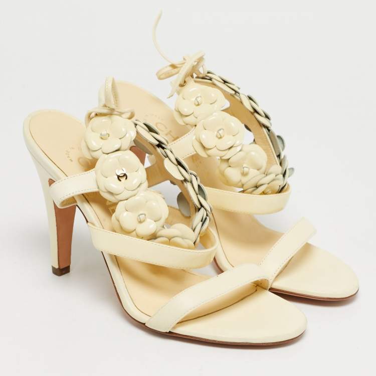 Pre Owned Chanel Cream Leather and Patent Leather Camellia Ankle Tie Sandals Size 36.5