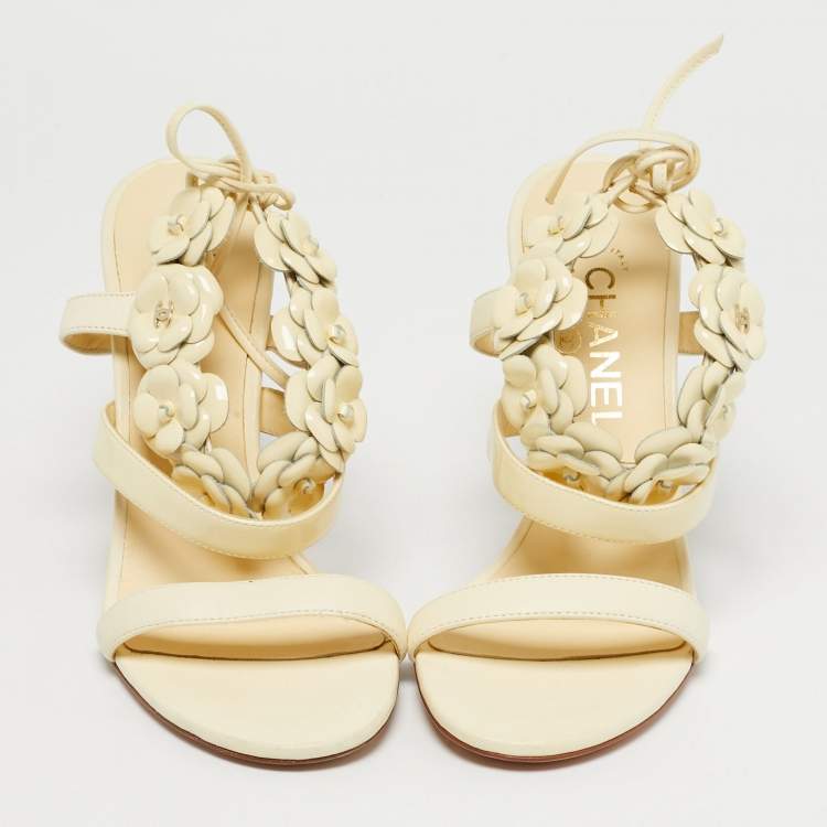 Pre Owned Chanel Cream Leather and Patent Leather Camellia Ankle Tie Sandals Size 36.5