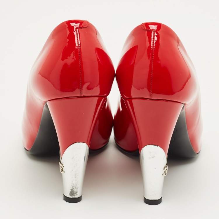 Pre Owned Chanel Red Patent Leather CC Peep Toe Pumps Size 38.5