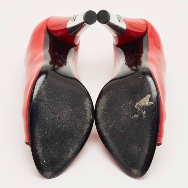 Pre Owned Chanel Red Patent Leather CC Peep Toe Pumps Size 38.5