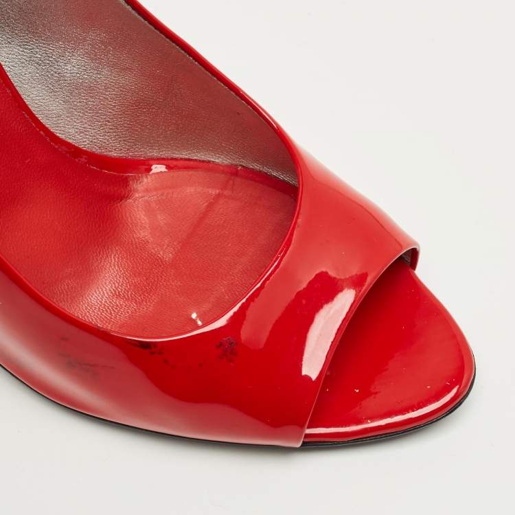 Pre Owned Chanel Red Patent Leather CC Peep Toe Pumps Size 38.5