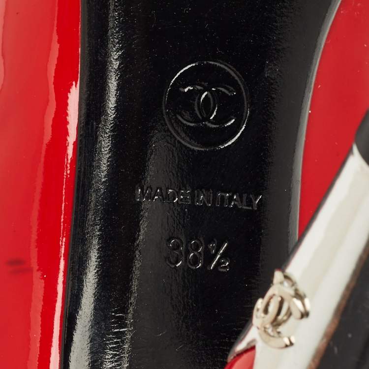 Pre Owned Chanel Red Patent Leather CC Peep Toe Pumps Size 38.5