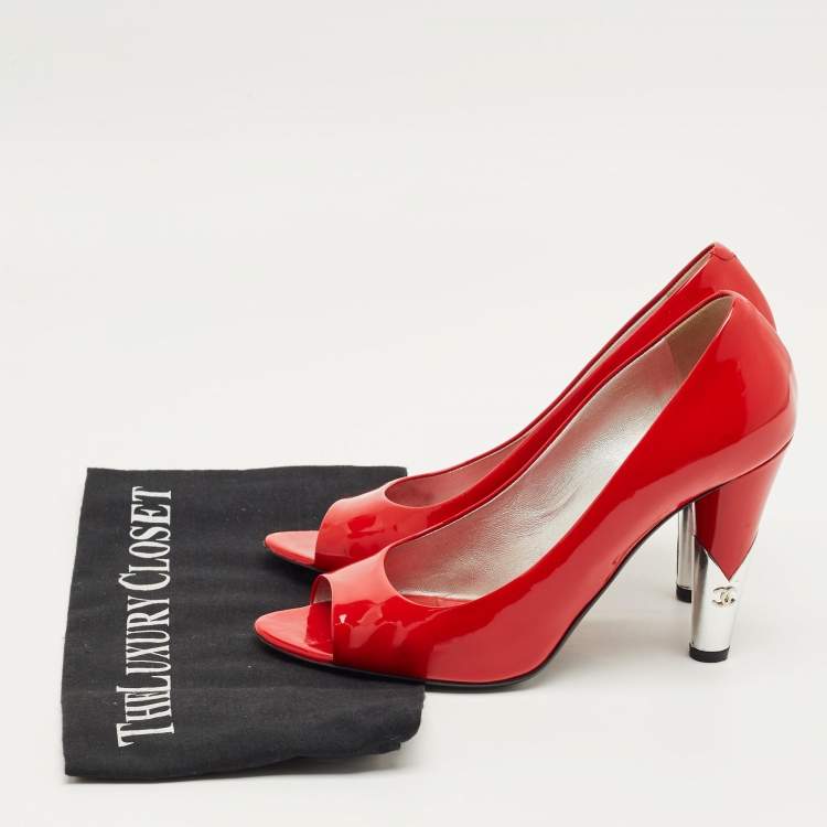 Pre Owned Chanel Red Patent Leather CC Peep Toe Pumps Size 38.5