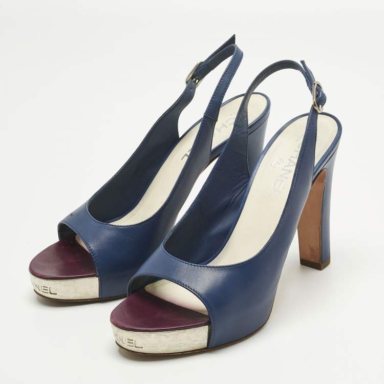 Pre Owned Chanel Navy Blue Leather CC Open Toe Platform Slingback Pumps Size 38