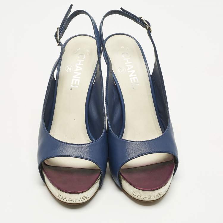 Pre Owned Chanel Navy Blue Leather CC Open Toe Platform Slingback Pumps Size 38