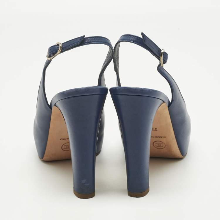 Pre Owned Chanel Navy Blue Leather CC Open Toe Platform Slingback Pumps Size 38