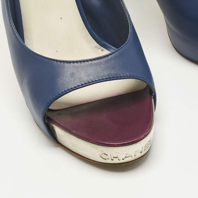 Pre Owned Chanel Navy Blue Leather CC Open Toe Platform Slingback Pumps Size 38