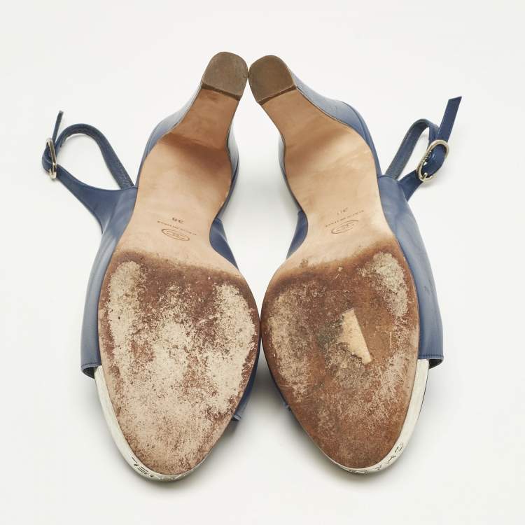 Pre Owned Chanel Navy Blue Leather CC Open Toe Platform Slingback Pumps Size 38