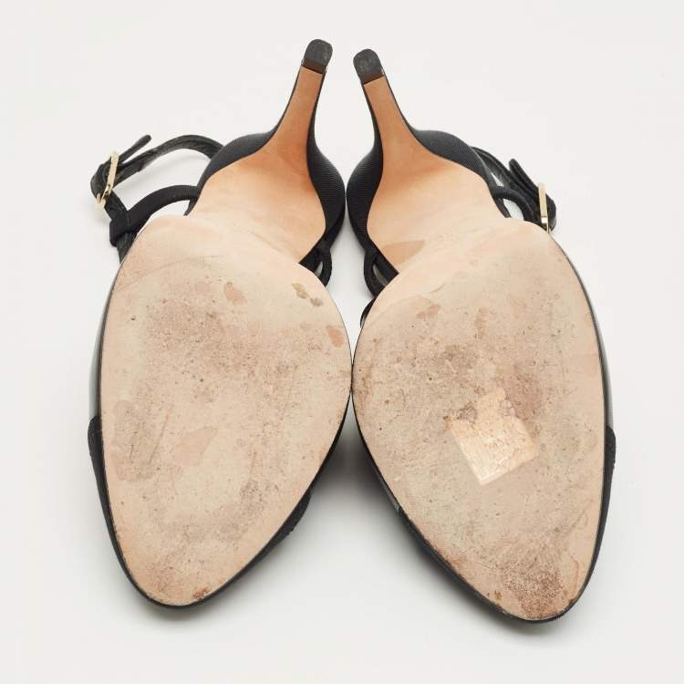 Pre Owned Chanel Black Leather and Canvas CC Cap toe Slingback Pumps Size 38