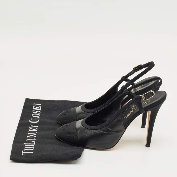 Pre Owned Chanel Black Leather and Canvas CC Cap toe Slingback Pumps Size 38