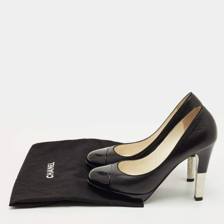 Pre Owned Chanel Black Leather and Patent Leather CC Cap Toe Platform Pumps Size 38