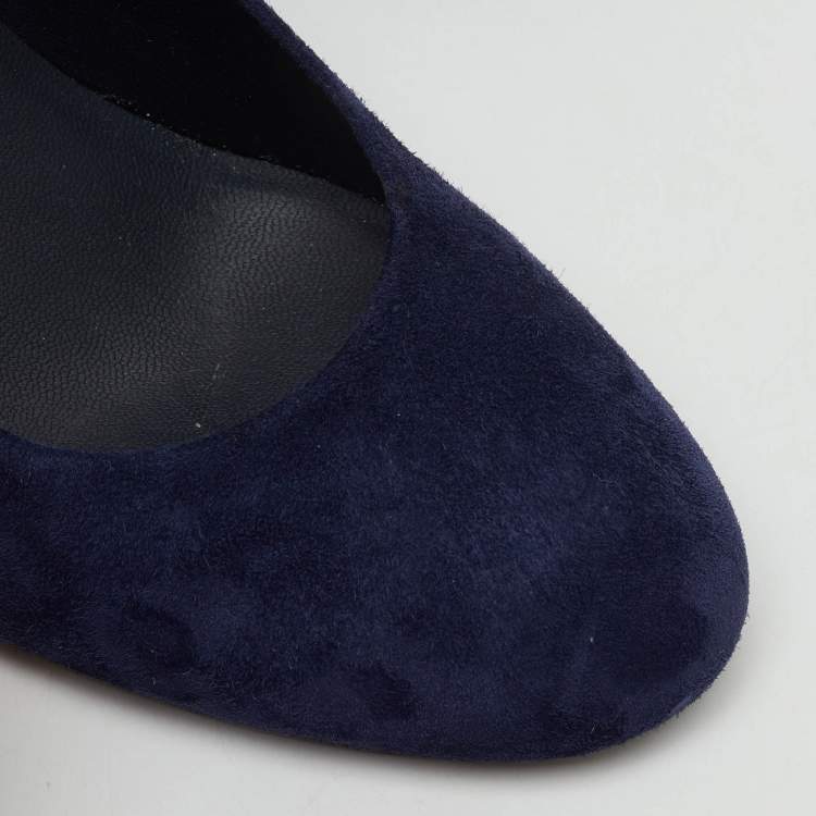 Pre Owned Chanel Navy Blue Suede Round Toe Logo Metal Heel Pumps Size 39