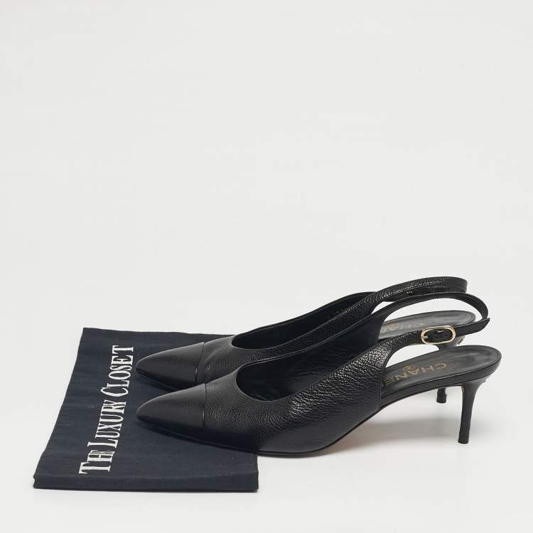 Pre Owned Chanel Black Leather CC Cap toe Slingback Pumps Size 40.5
