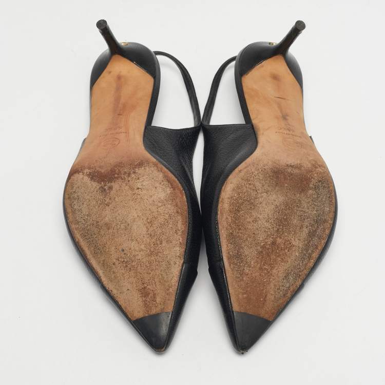 Pre Owned Chanel Black Leather CC Cap toe Slingback Pumps Size 40.5