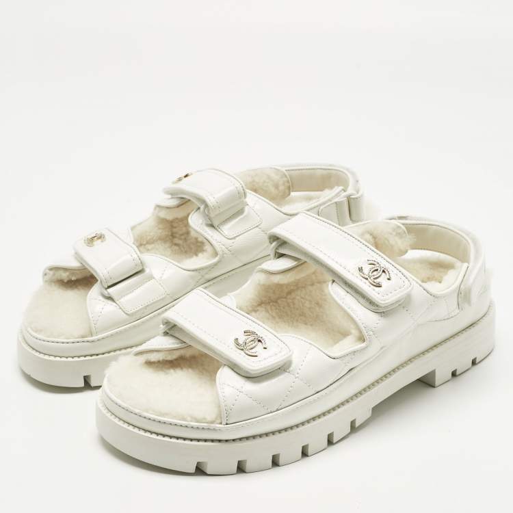 Pre Owned Chanel White Leather and Shearling Dad Slingback Sandals Size 40
