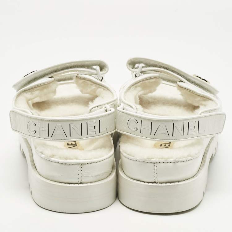 Pre Owned Chanel White Leather and Shearling Dad Slingback Sandals Size 40