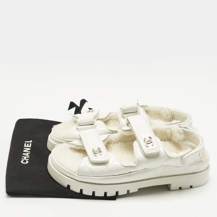 Pre Owned Chanel White Leather and Shearling Dad Slingback Sandals Size 40