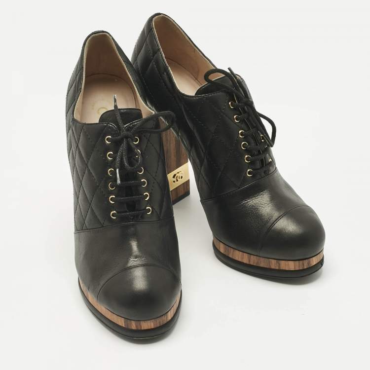 Pre Owned Chanel Black Quilted Leather CC Block Heel Booties Size 40.5