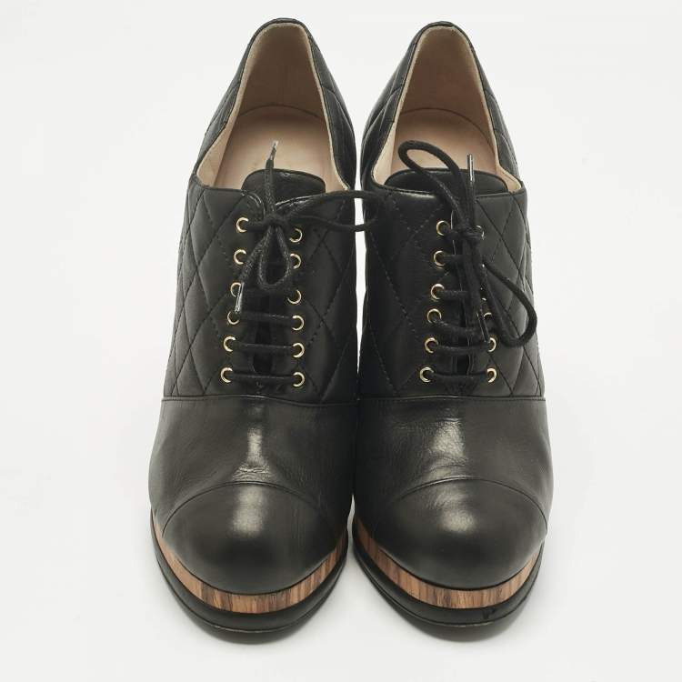 Pre Owned Chanel Black Quilted Leather CC Block Heel Booties Size 40.5