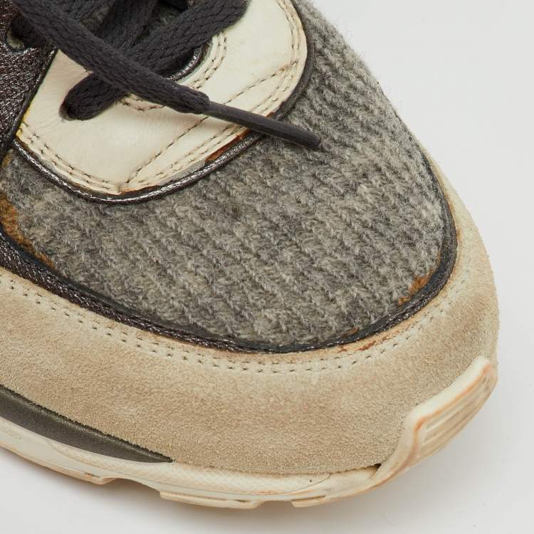 Pre Owned Chanel Grey/White Tweed, Suede and Leather Low Top CC Sneakers Size 35.5