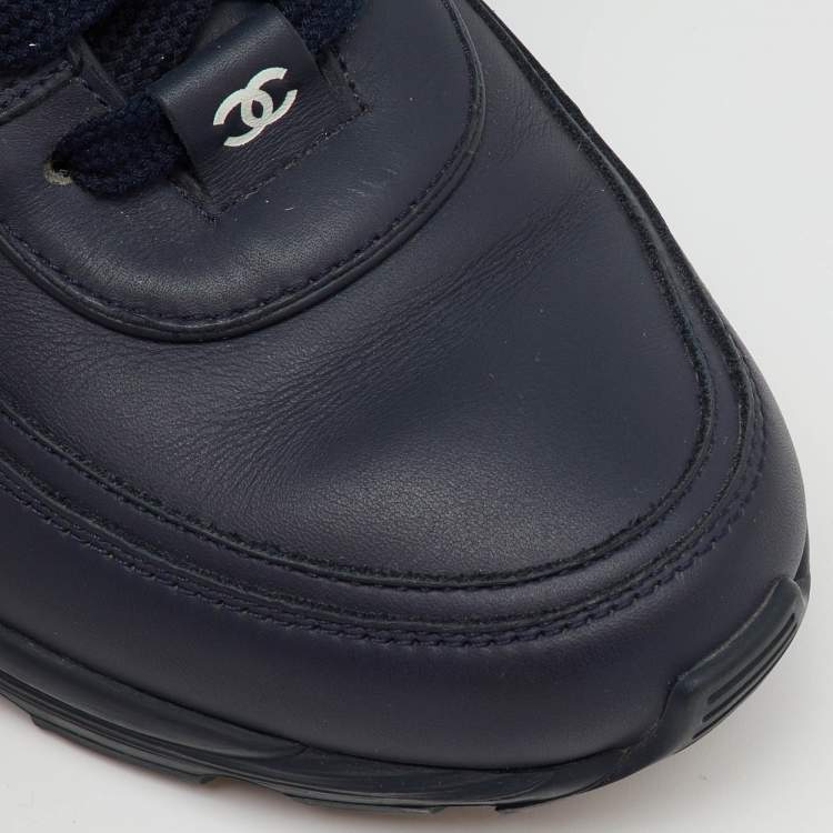 Pre Owned Chanel Navy Blue/White Leather CC Low Top Sneakers Size 36.5