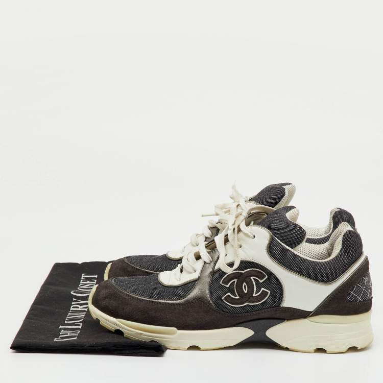 Pre Owned Chanel Black/Grey Fabric, Suede and Leather CC Low Top Sneakers Size 40.5