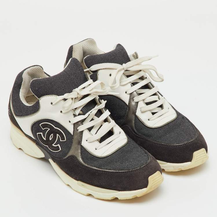 Pre Owned Chanel Black/Grey Fabric, Suede and Leather CC Low Top Sneakers Size 40.5
