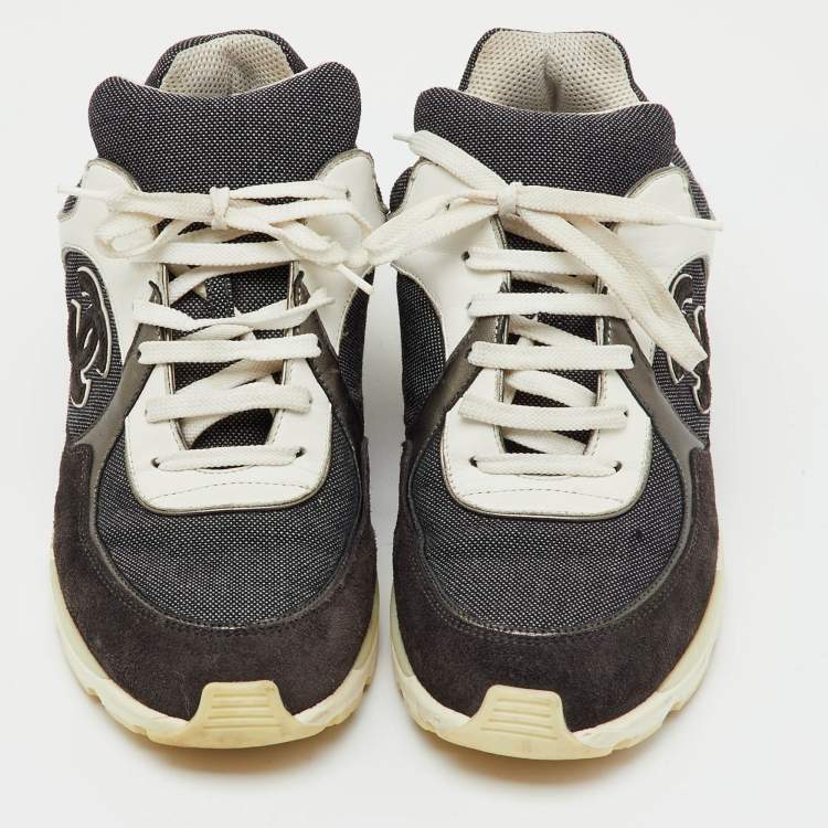 Pre Owned Chanel Black/Grey Fabric, Suede and Leather CC Low Top Sneakers Size 40.5