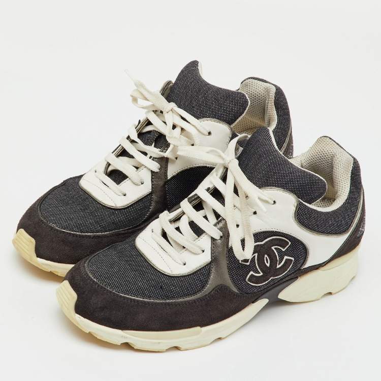 Pre Owned Chanel Black/Grey Fabric, Suede and Leather CC Low Top Sneakers Size 40.5