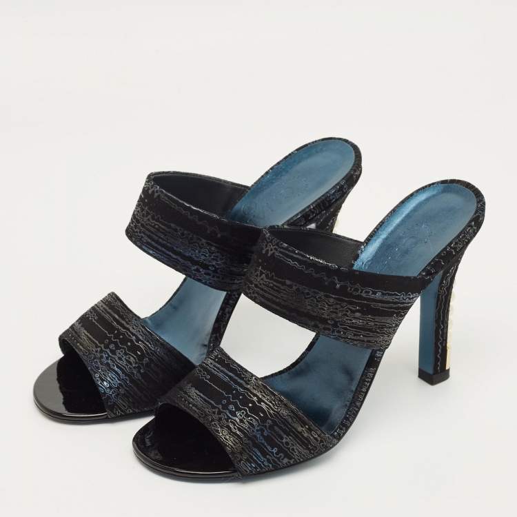 Pre Owned Chanel Black Printed Suede Pearl Embellished Slide Sandals Size 38