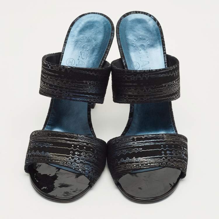 Pre Owned Chanel Black Printed Suede Pearl Embellished Slide Sandals Size 38