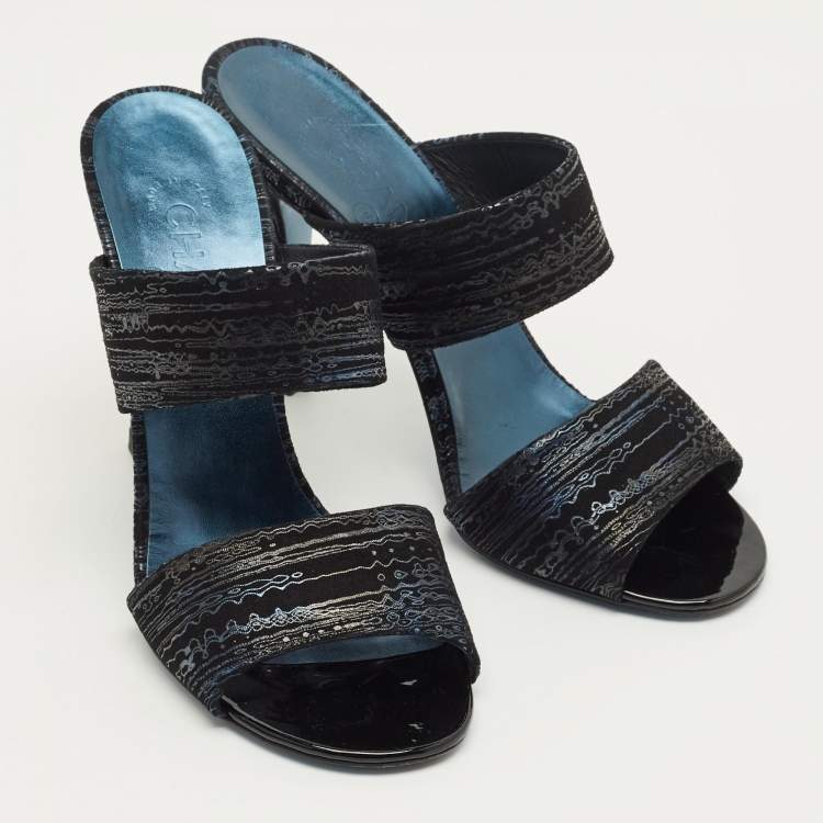 Pre Owned Chanel Black Printed Suede Pearl Embellished Slide Sandals Size 38