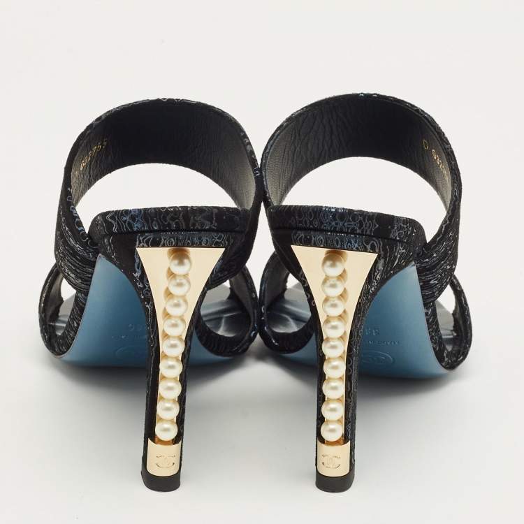 Pre Owned Chanel Black Printed Suede Pearl Embellished Slide Sandals Size 38