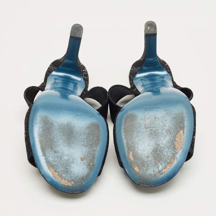 Pre Owned Chanel Black Printed Suede Pearl Embellished Slide Sandals Size 38