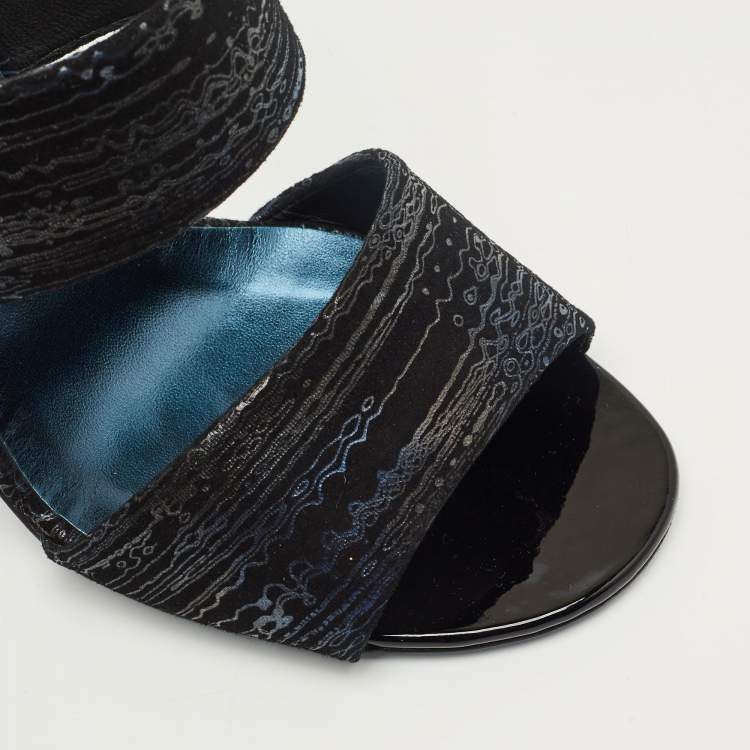 Pre Owned Chanel Black Printed Suede Pearl Embellished Slide Sandals Size 38