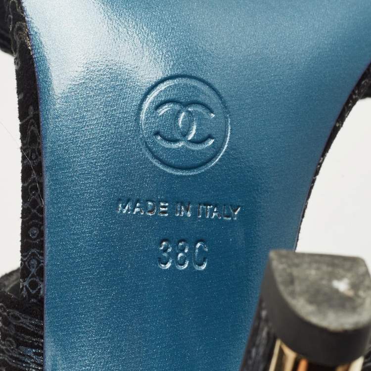 Pre Owned Chanel Black Printed Suede Pearl Embellished Slide Sandals Size 38