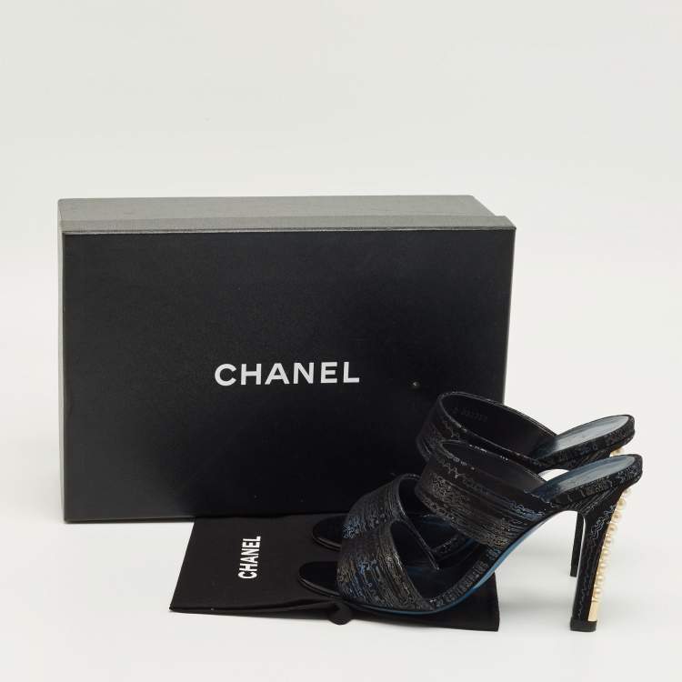 Pre Owned Chanel Black Printed Suede Pearl Embellished Slide Sandals Size 38