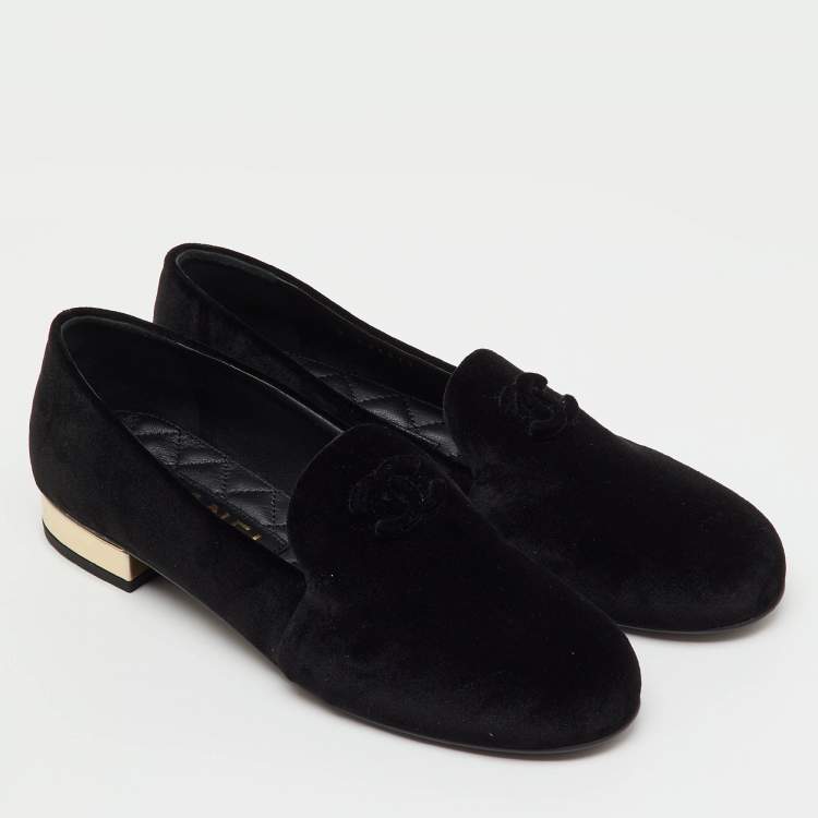 Pre Owned Chanel Black Velvet CC Smoking Slippers Size 38