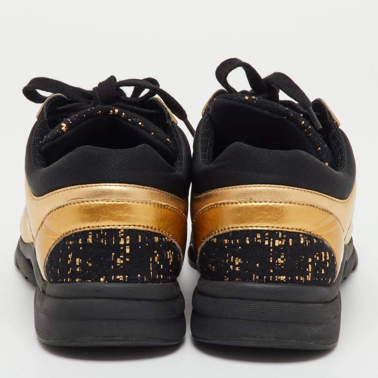 Pre Owned Chanel Black/Gold Leather and Tweed CC Low Top Sneakers Size 39