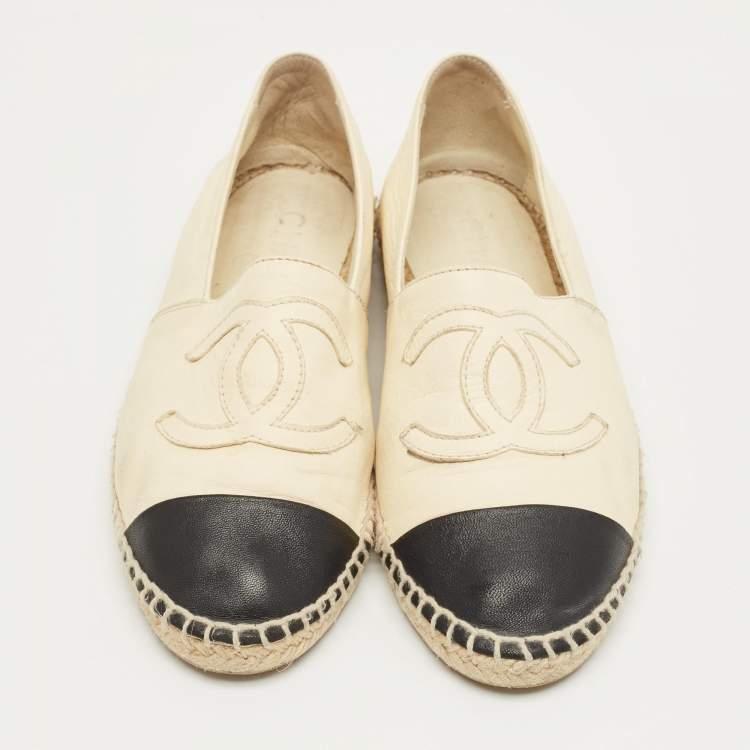 Pre Owned Chanel Beige Leather CC Cap Toe Espadrille Flats Size 37