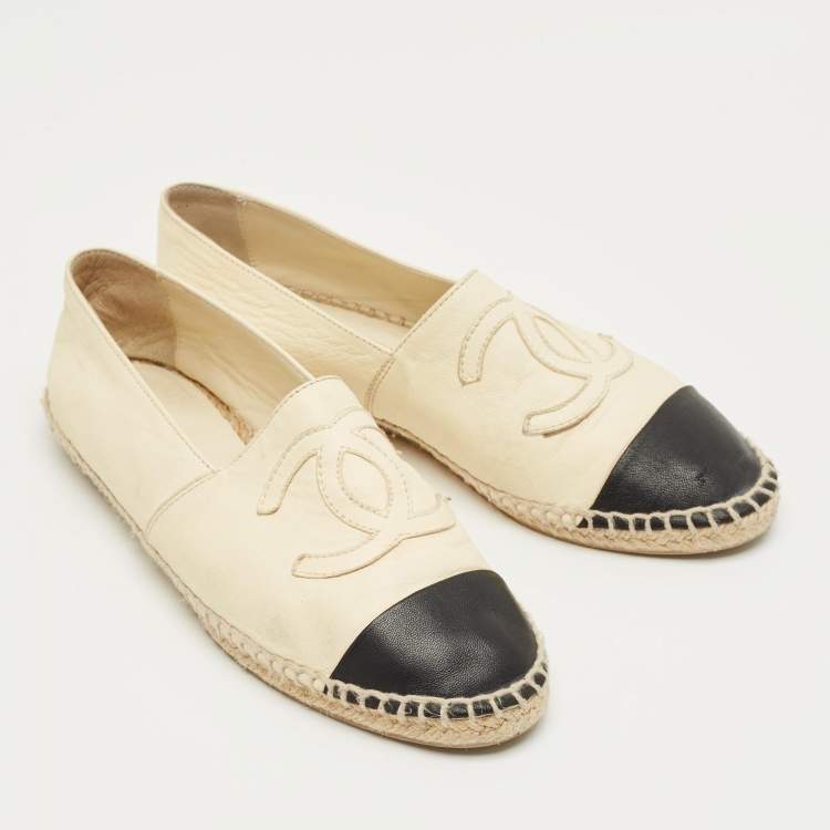 Pre Owned Chanel Beige Leather CC Cap Toe Espadrille Flats Size 37