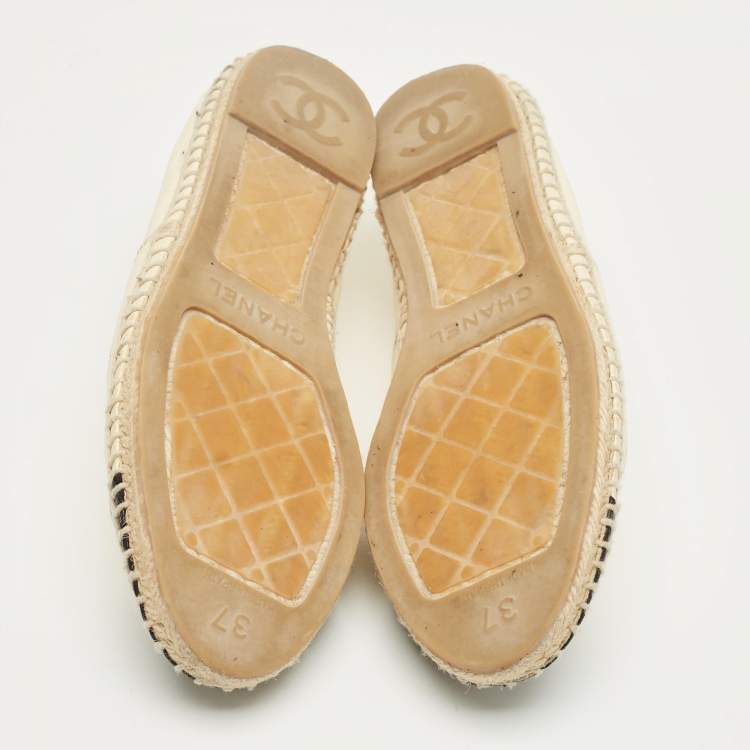Pre Owned Chanel Beige Leather CC Cap Toe Espadrille Flats Size 37