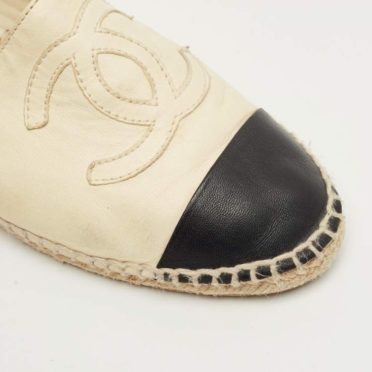 Pre Owned Chanel Beige Leather CC Cap Toe Espadrille Flats Size 37