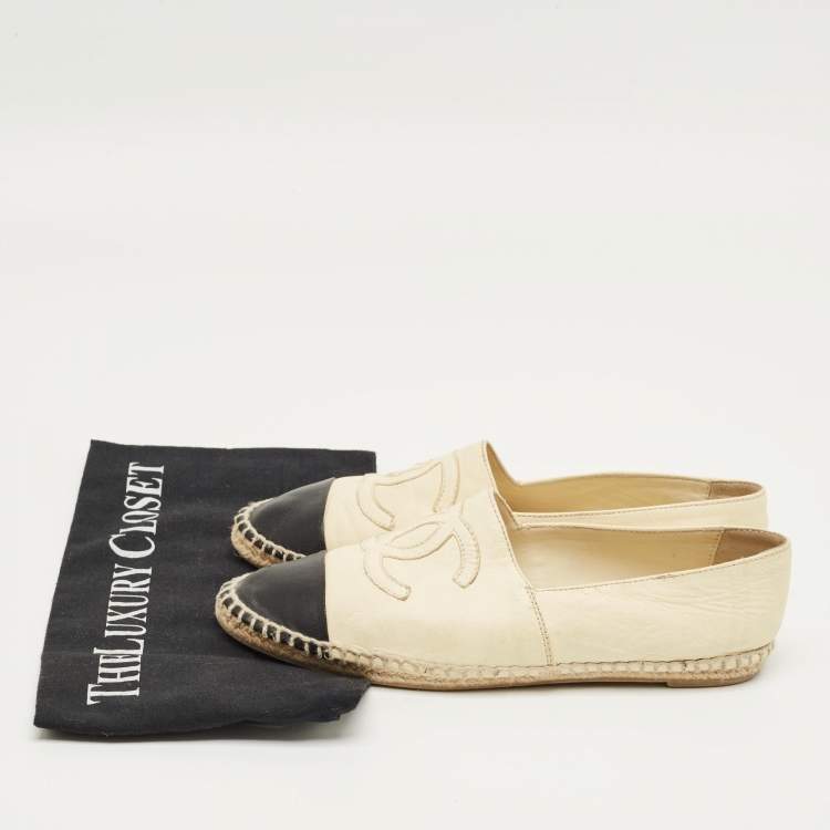 Pre Owned Chanel Beige Leather CC Cap Toe Espadrille Flats Size 37