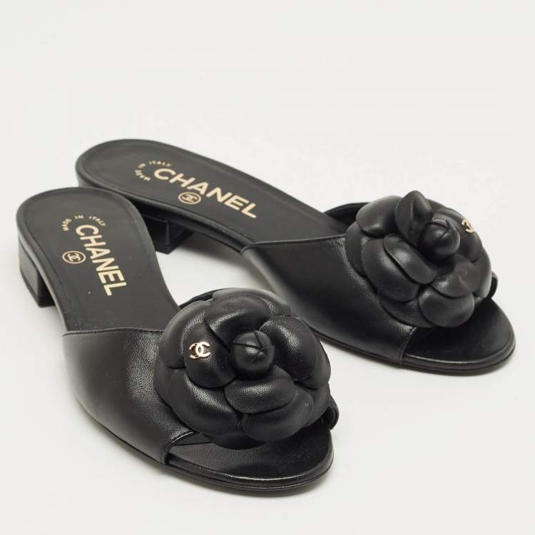 Pre Owned Chanel Black Leather CC Camellia Flat Slide Size 36
