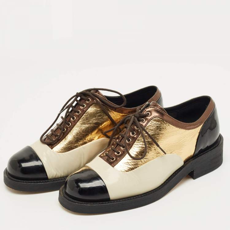 Pre Owned Chanel Multicolor Patent Leather Lace Up Oxfords Size 36