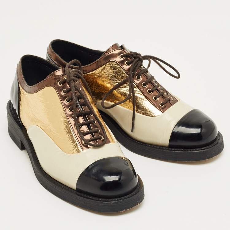 Pre Owned Chanel Multicolor Patent Leather Lace Up Oxfords Size 36